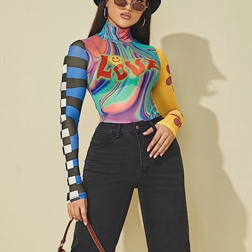 Love Print Multi-Color Long Sleeve sheer Top